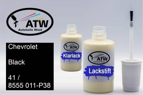 Chevrolet, Black, 41 / 8555 011-P38: 20ml Lackstift + 20ml Klarlack - Set, von ATW Autoteile West.